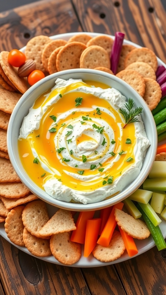 Creamy feta dip with hot honey and herbs, served with crackers and vegetables on a wooden table.